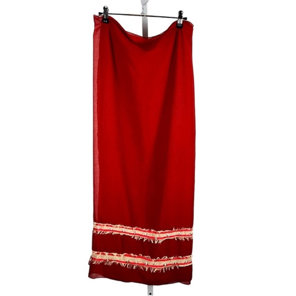 Red Sheer Sarong | Beach Cover-Up | Boho Fringe & Shell Detail Summer Pool Fun